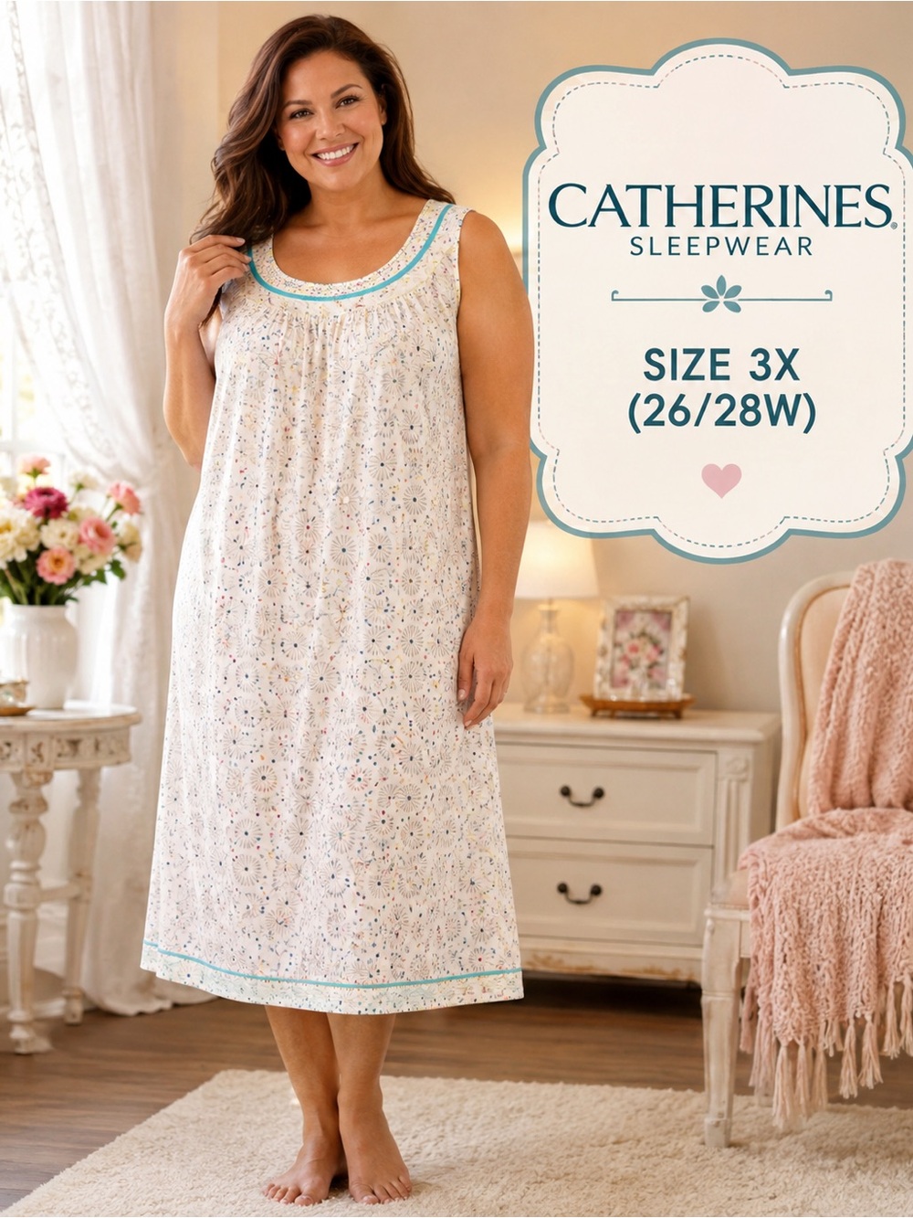 Catherines Sleepwear 3X 26/28W White Multicolor Nightgown Pockets